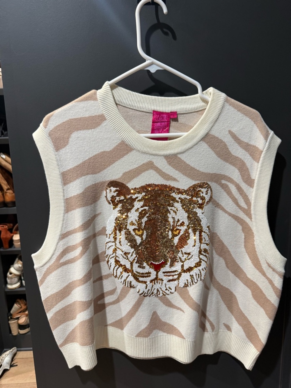 QUEEN OF SPARKLES Cream and Tan Tiger Sequin Knit Tank - Picture 4 of 9